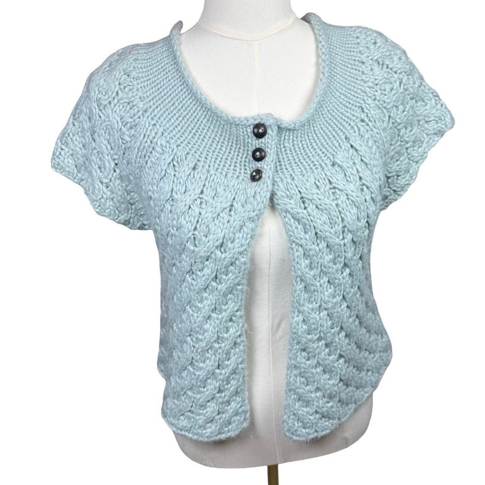 Women's Large Chunky Cable Knit SS Twee Cardigan Wool Alpaca Blue Short Sleeve